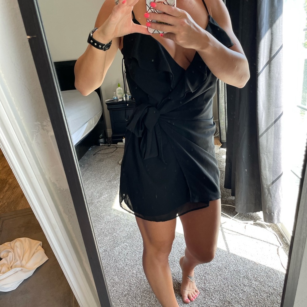 Black side tie ruffle dress